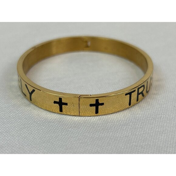 Gold Tone Trust In God Infinitely Hinged Bangle Bracelet Cross Details - Picture 4 of 7